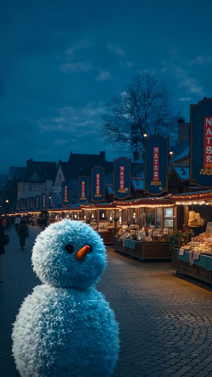 Vertical video: Camera zooming out from fuzzy snowman revealing Christmas market stalls, copy space