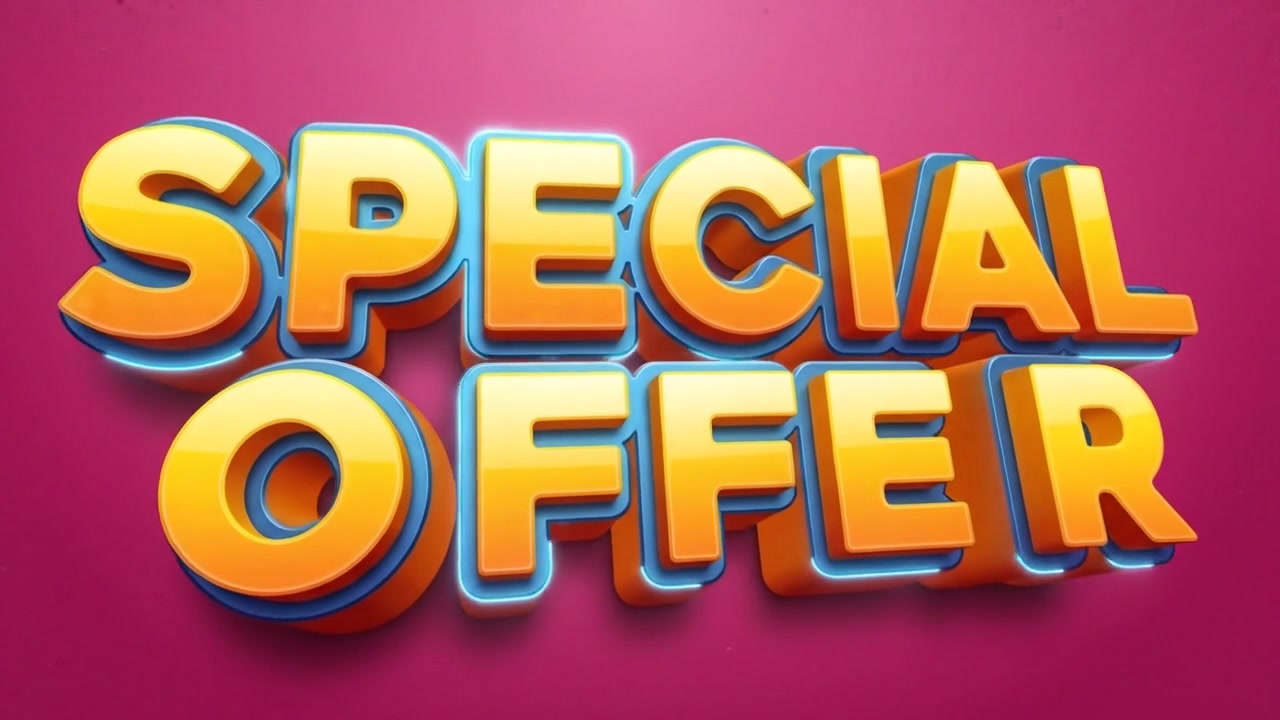 Animazione di testo promozionale "Offerta Speciale" con lettere 3D dorate e bagliori di luce