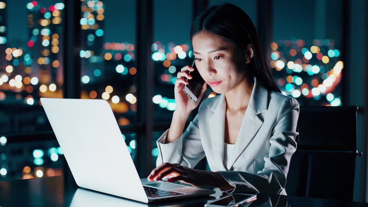 Businesswoman Working Late on Laptop and Phone Call
