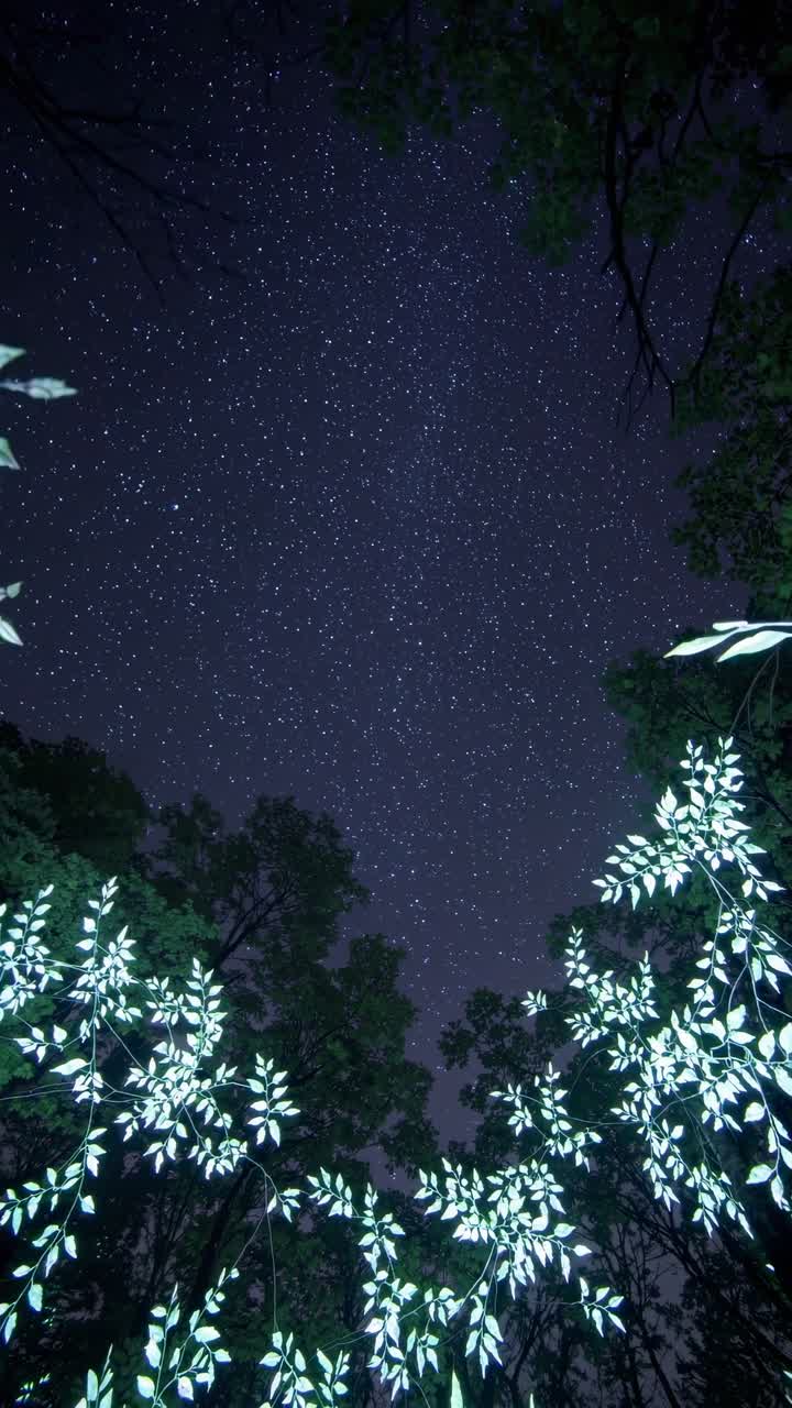 A mesmerizing upward angle captures glowing leaves framing a starry night sky, creating a magical