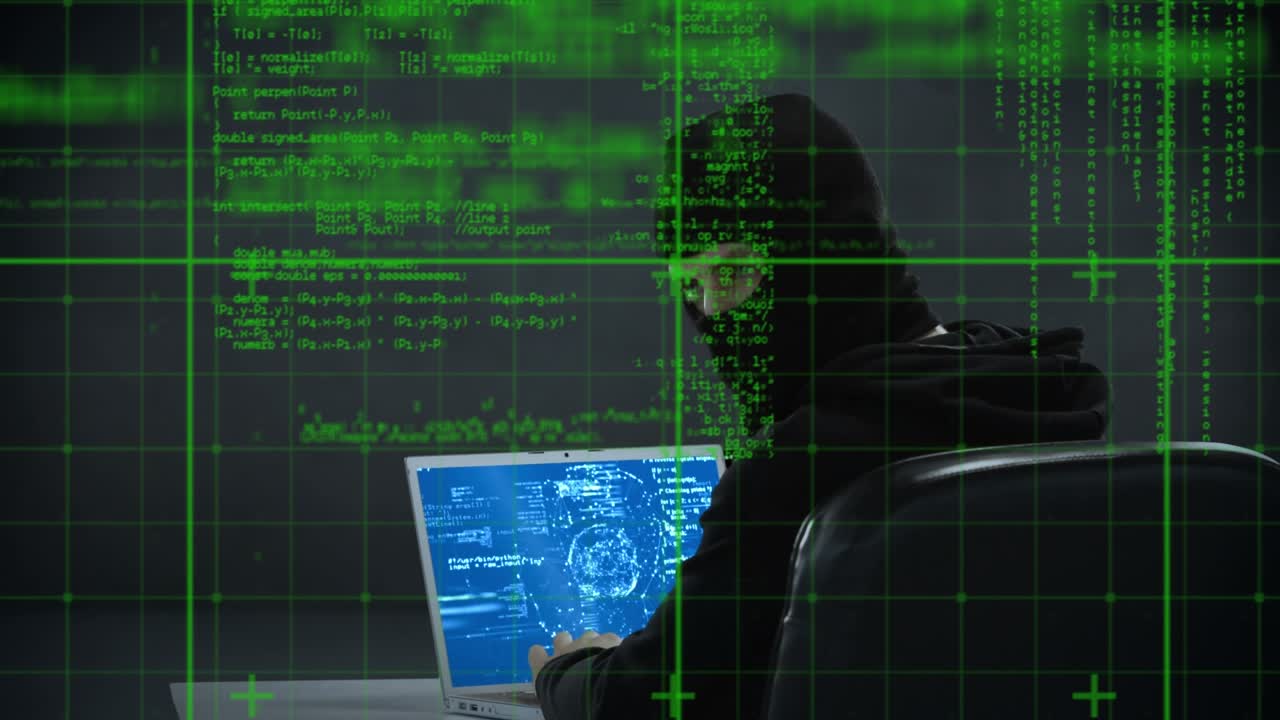 Animation of data processing over caucasian male hacker using laptop