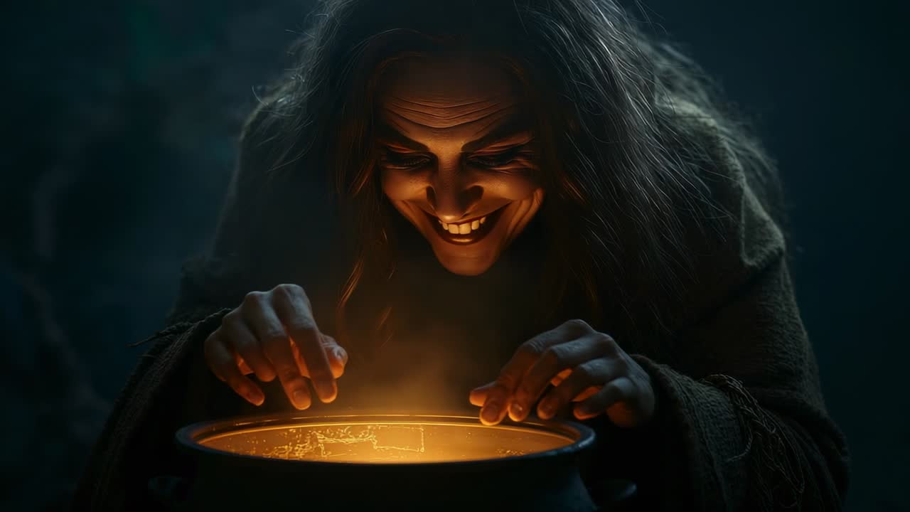 Leaning toward glowing brew, sorceress stirring potion in cauldron in dark cavern sensing shift