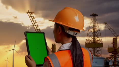 vista posterior cercana de una ingeniera asiática con casco de seguridad trabajando en una tableta de pantalla verde y mirando a su alrededor con la producción de hidrógeno