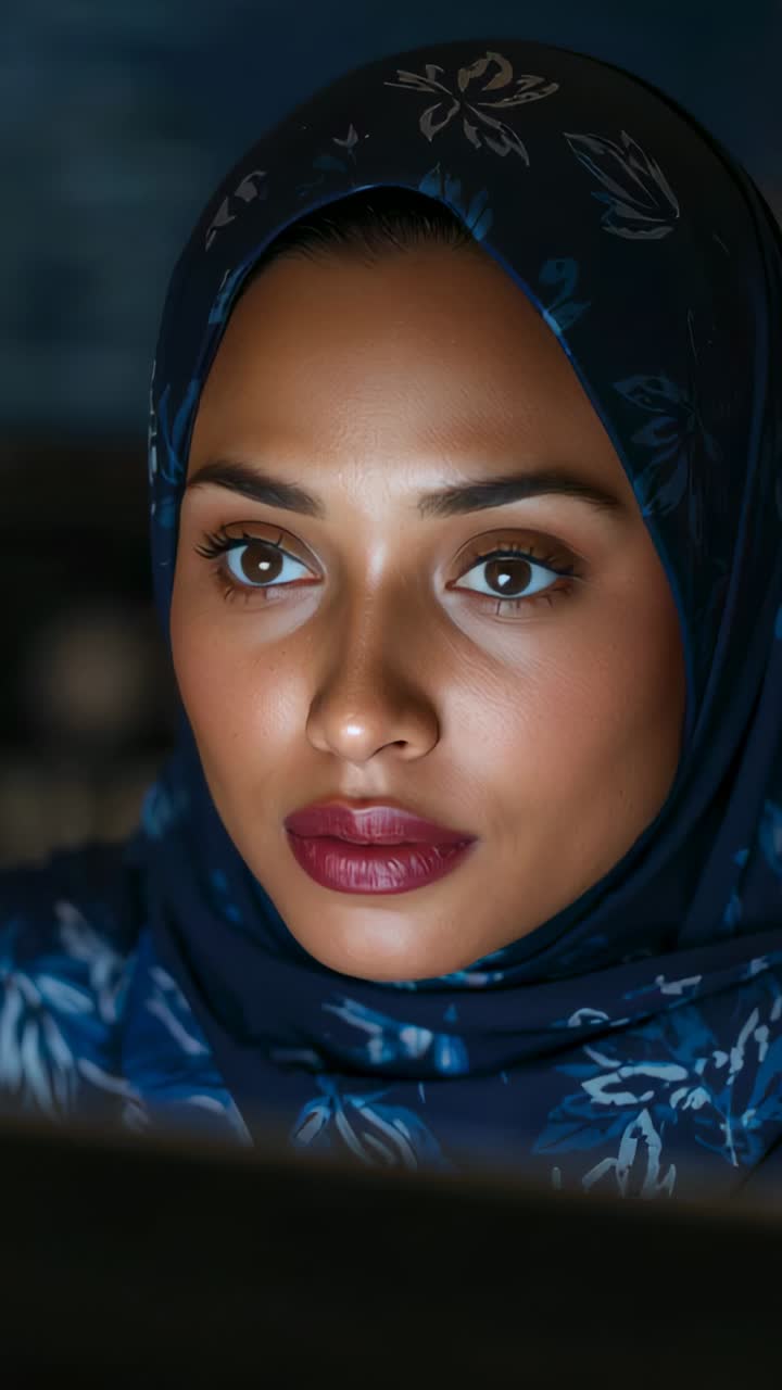 Vertical video: Following screen, woman in dark blue patterned hijab turning head left in dim room