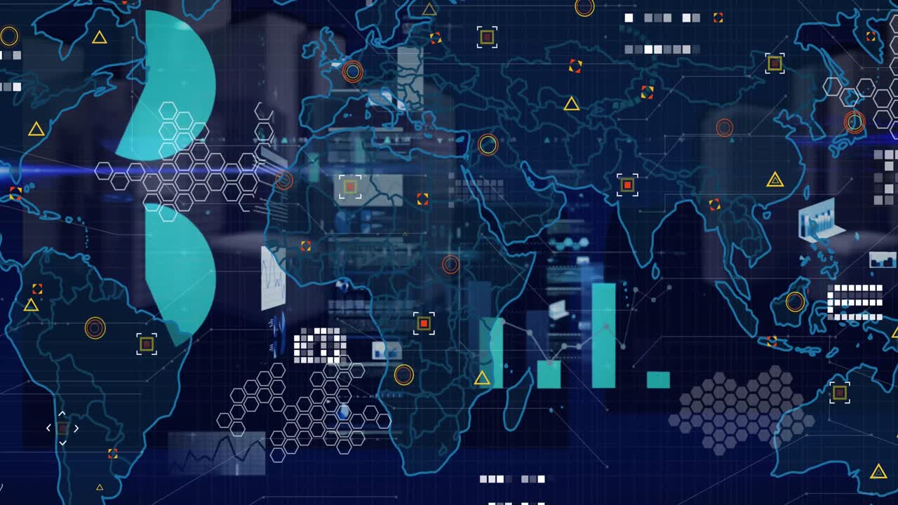 Animation of world map, statistics and financial data processing