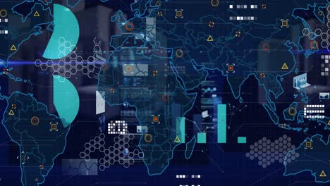 Animation-of-world-map,-statistics-and-financial-data-processing