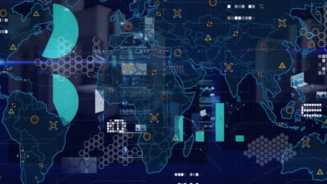 animation of world map, statistics and financial data processing