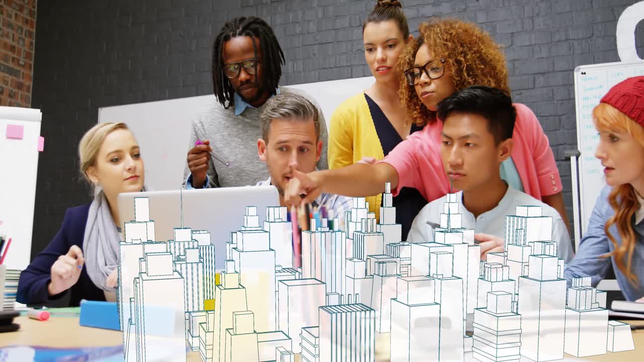 colegas y edificios virtuales en una ciudad 4k