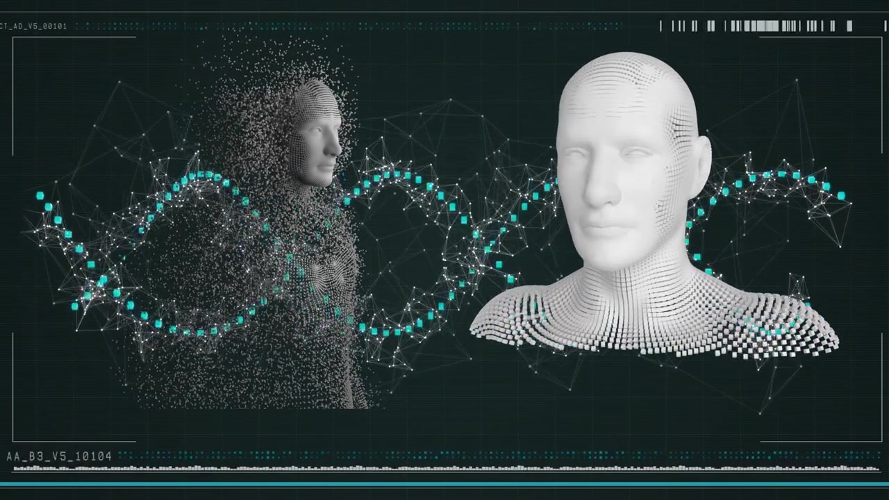 Animation of dna strand and data processing with human bodies formed with exploding particles