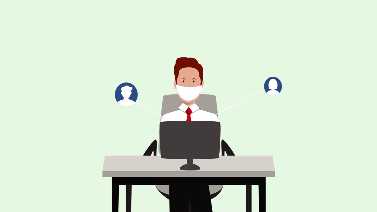 얼굴 마스크를 입은 사람의 애니메이션 컴퓨터를 사용하여 네트워크