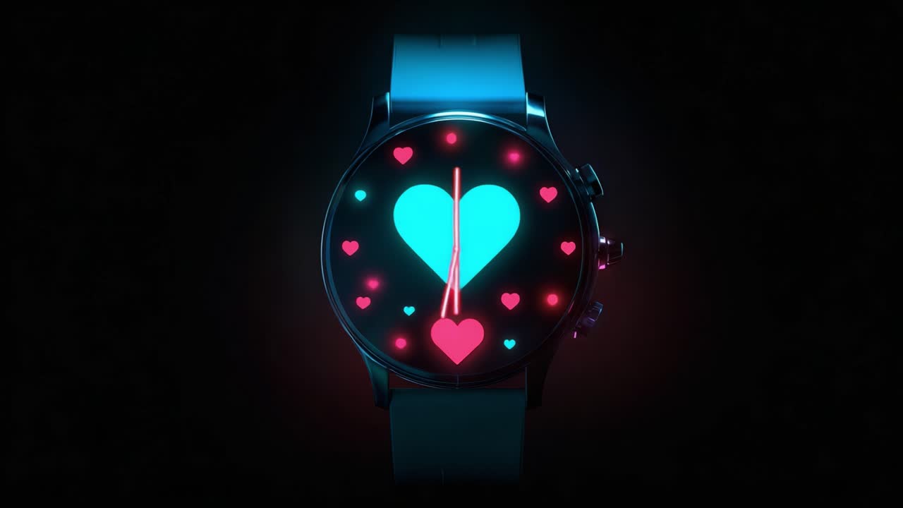 A modern smartwatch with a vibrant heart-themed display featuring animated hearts and a colorful design illuminating against a dark background, showcasing its unique aesthetic and technology