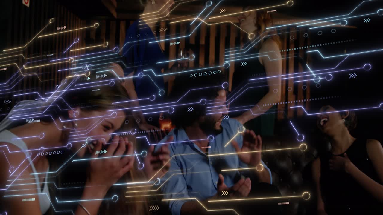 Animation of computer circuit board over diverse friends at bar
