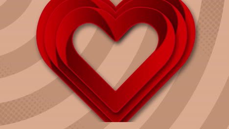 animación de formas de corazón rojo 3d que se agrandan sobre la plantilla de patrón a rayas