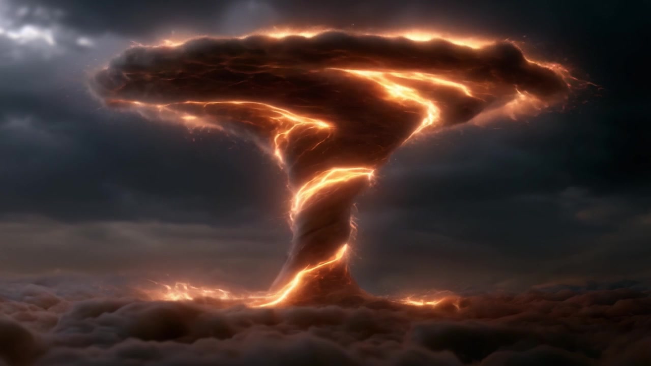Spettacolare manifestazione di un tornado infuocato con fulmini elettrici, che turbina vigorosamente sopra nuvole scure in un fenomeno atmosferico della potenza della natura.