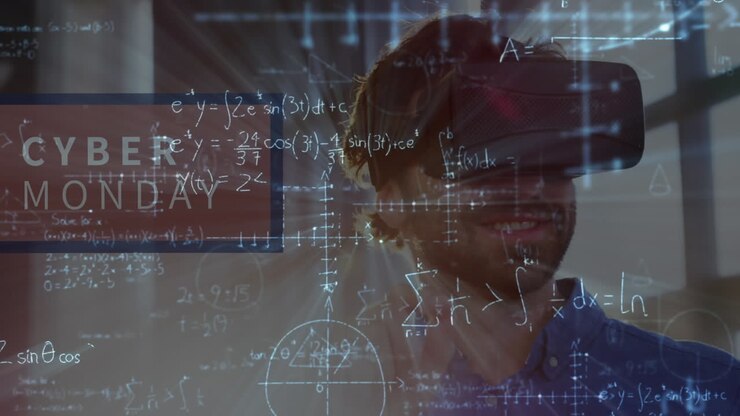Animation of mathematical equations over man wearing vr headset