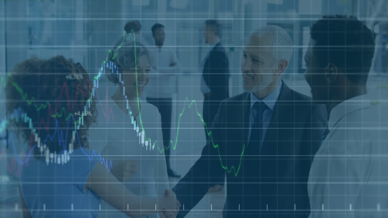 Animation of statistics and financial data processing over business people