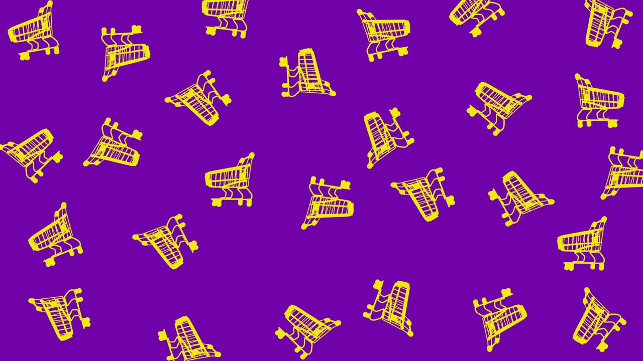 animación de bucle sin costuras con muchos carros de compras vacíos de color amarillo que se mueven contra el fondo púrpura, copia el espacio
