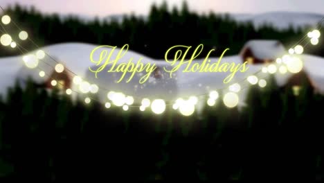 Animation-of-christmas-seasons-greetings-and-glowing-fairy-lights-over-winter-landscape