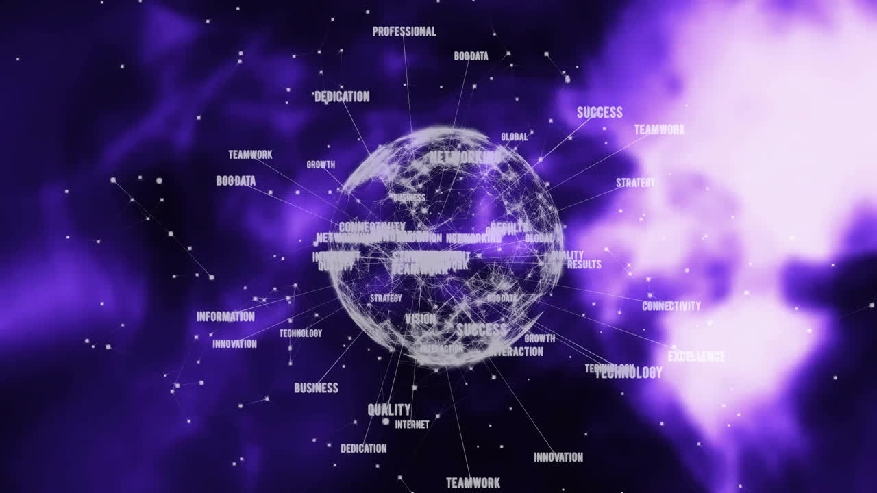 Global network and technology keywords animation over glowing purple planet