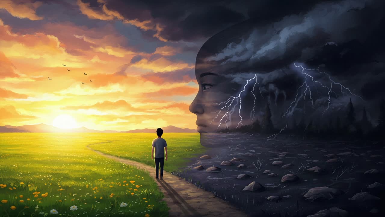 A Journey Through Emotion: An Individual Stands at the Crossroads of Light and Darkness, Contemplating the Contrast Between Hope and Turmoil in a Surreal Landscape