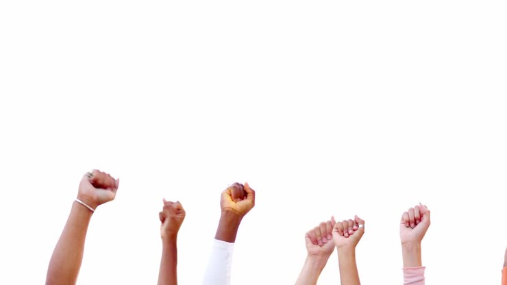 Group of diverse raised fists in protest