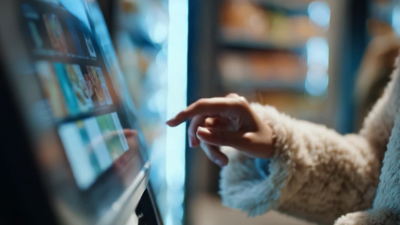 A person interacts with a modern touchscreen vending machine, exploring various snack options and selecting items with a careful touch, showcasing technology's convenience and accessibility