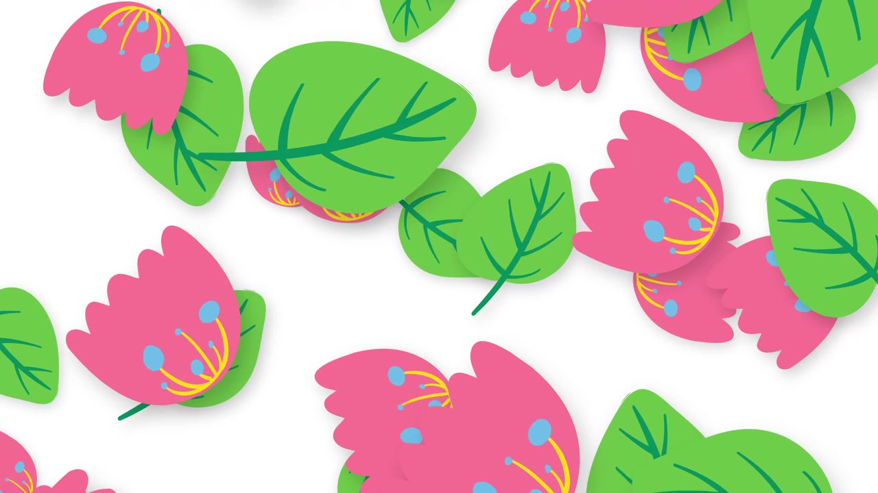 Stylized pink blossoms and green leaves fall vertically against a clean white background.