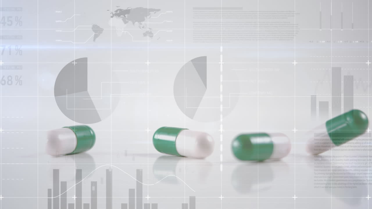 떠다니는 다이어그램의 애니메이션, 데이터 처리 및 떨어지는 알약 위의 세계 지도