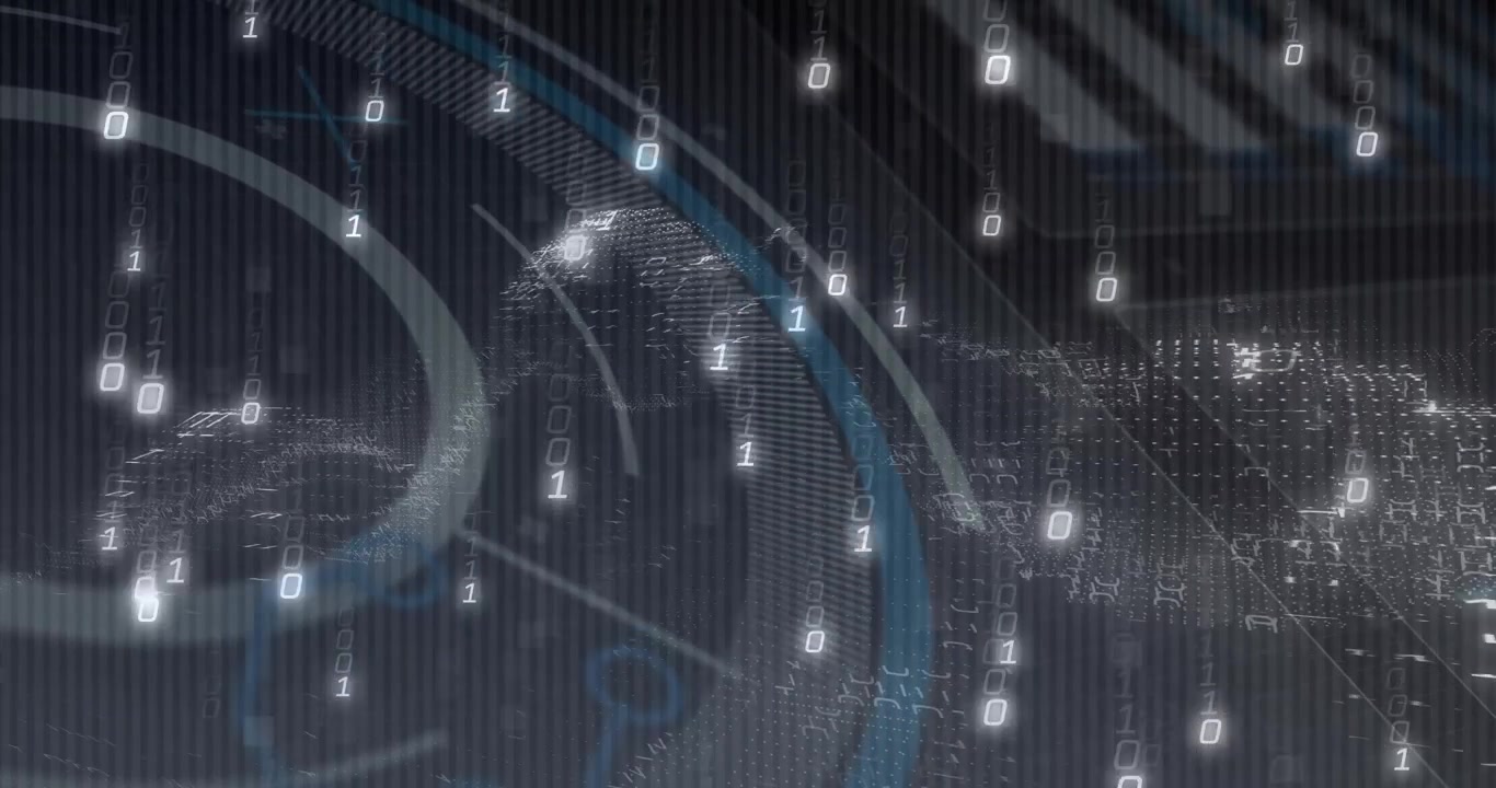 Pale glow traveling around data rings driving code ripples drifting binary digits beside block mesh