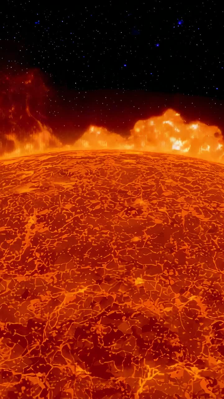 Vidéo verticale : sphère en fusion illuminant et projetant des éruptions de plasma au-dessus d’un membre dans l’espace