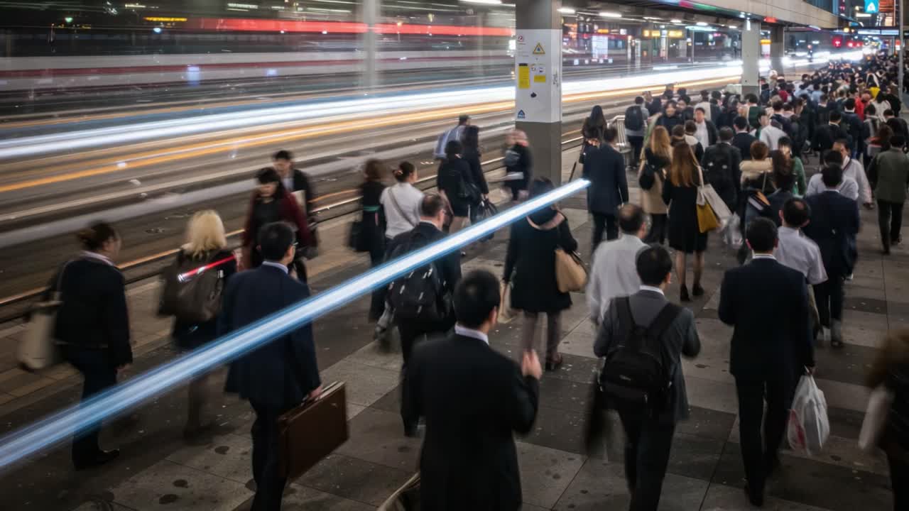 A Busy Urban Train Station: A Dynamic Scene of Commuters Eagerly Moving Forward as a High-Speed Train Blurs Past, Capturing the Pulse of City Life