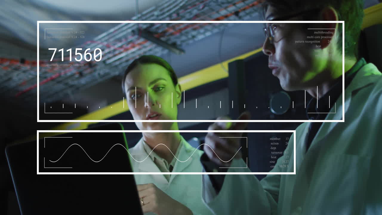 In laboratory, scientists analyzing data with digital graphs and animation overlay