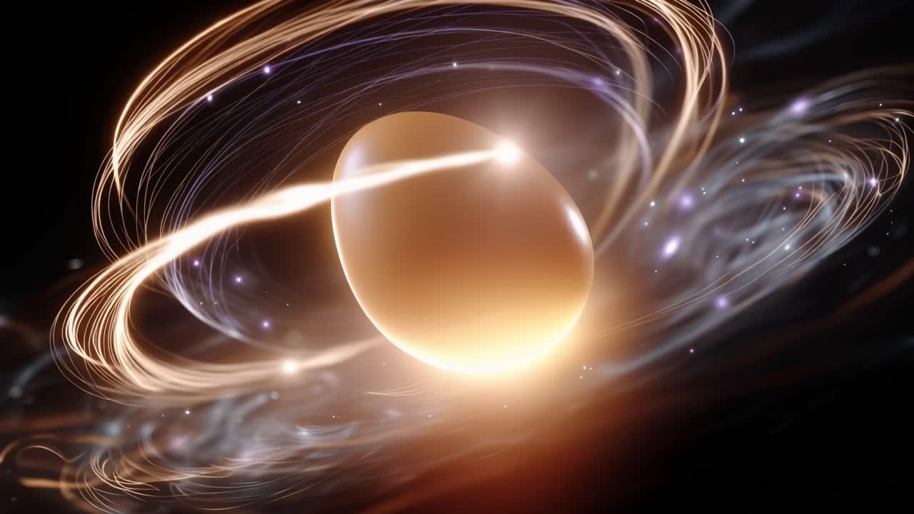 Golden egg floats in swirling cosmic energy. Radiant trails dance around it like starlight. Dark space glows with distant stars and particles. Ethereal motion suggests cosmic birth or rebirth