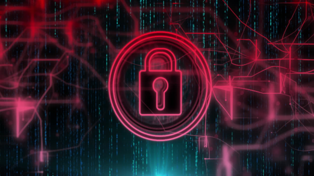 Neon padlock icon floating in virtual data space, concentric rings pulsing amid code streams