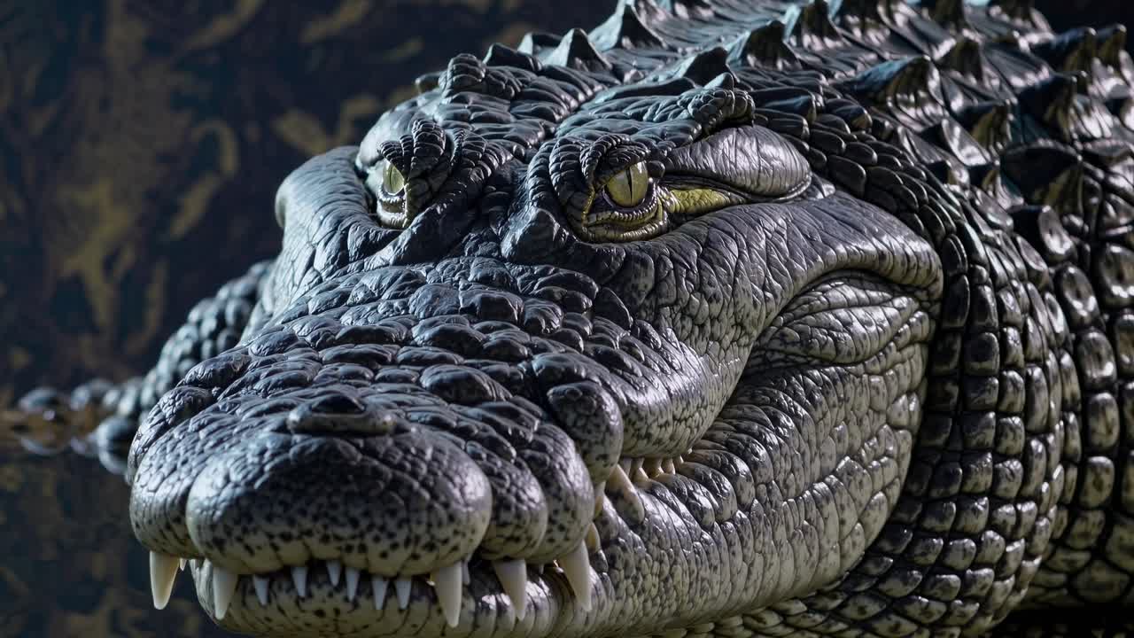 Close-up video angle of a crocodile's textured skin and eyes, highlighting its rugged, natural