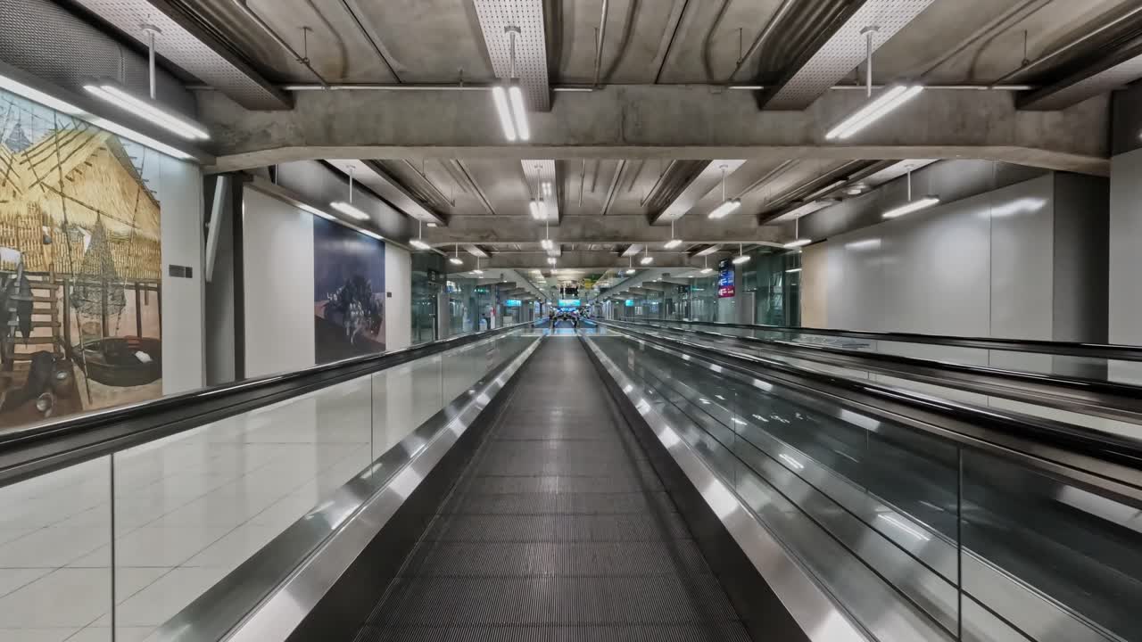 Moving Walkway with lights and ceiling, internal shot, moving shot, push in shot, 4k.