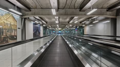 moving walkway with lights and ceiling, internal shot, moving shot, push in shot, 4k.