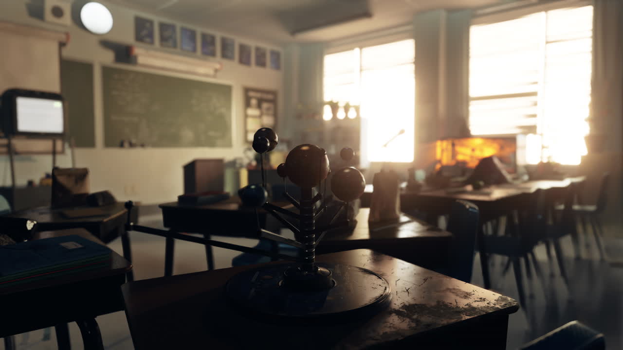 태양계 모델이 있는 빈 교실