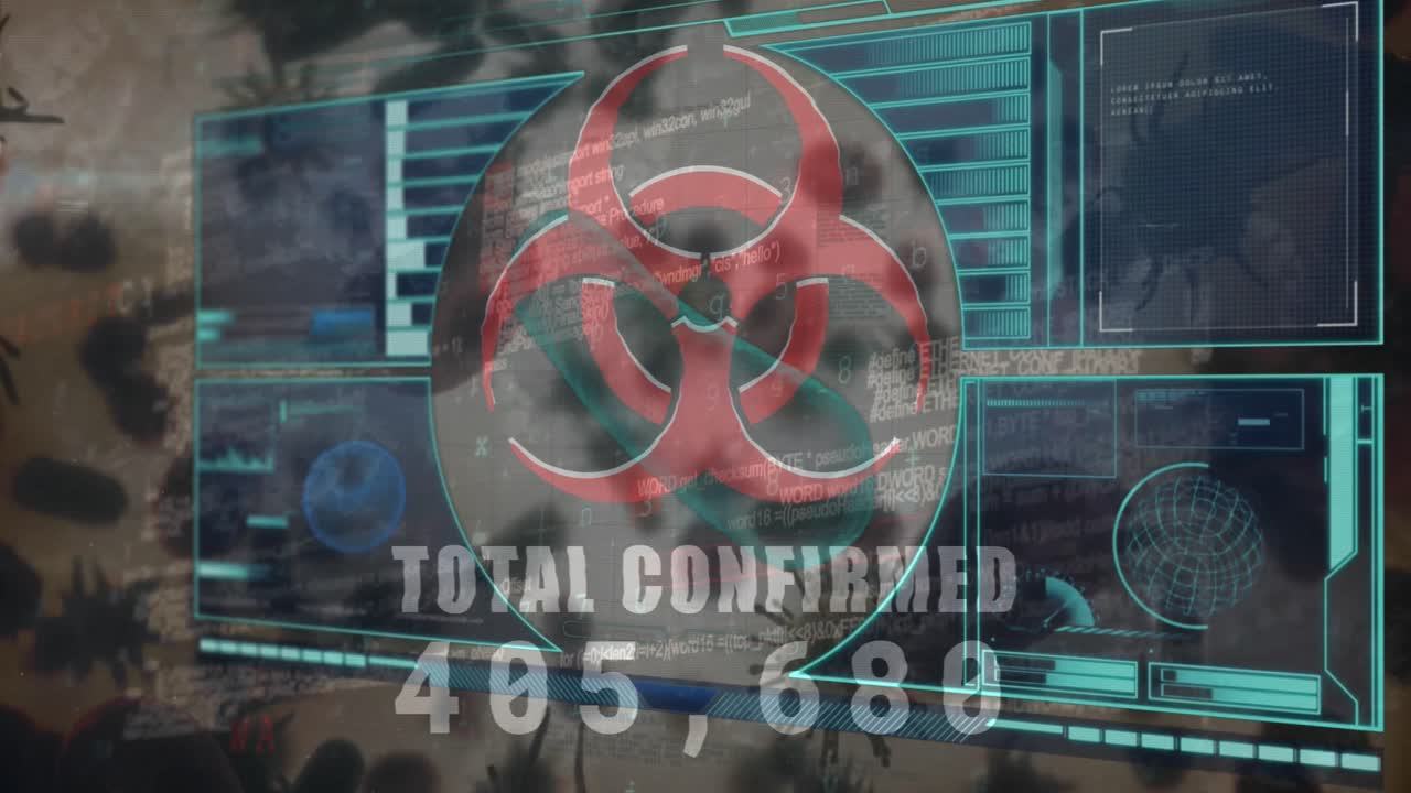 animación del icono de riesgo biológico y la interfaz digital sobre las células de covid