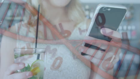 animación de una mujer usando un teléfono inteligente sobre una cadena de adn