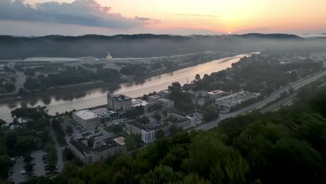 aerial push in to the state capital along the kanawha river in charleston west virginia