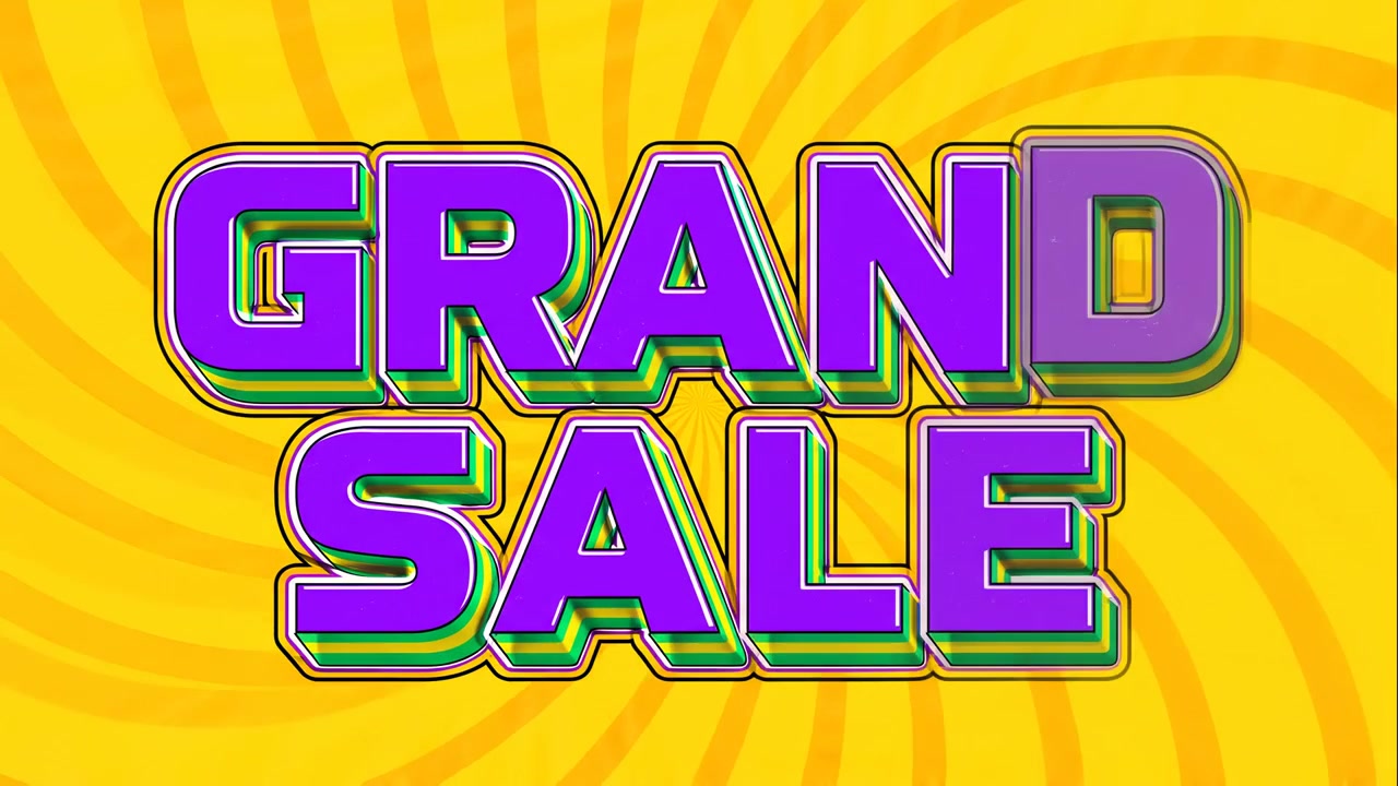 Animated Grand Sale Text Reveal on Yellow Sunburst Background