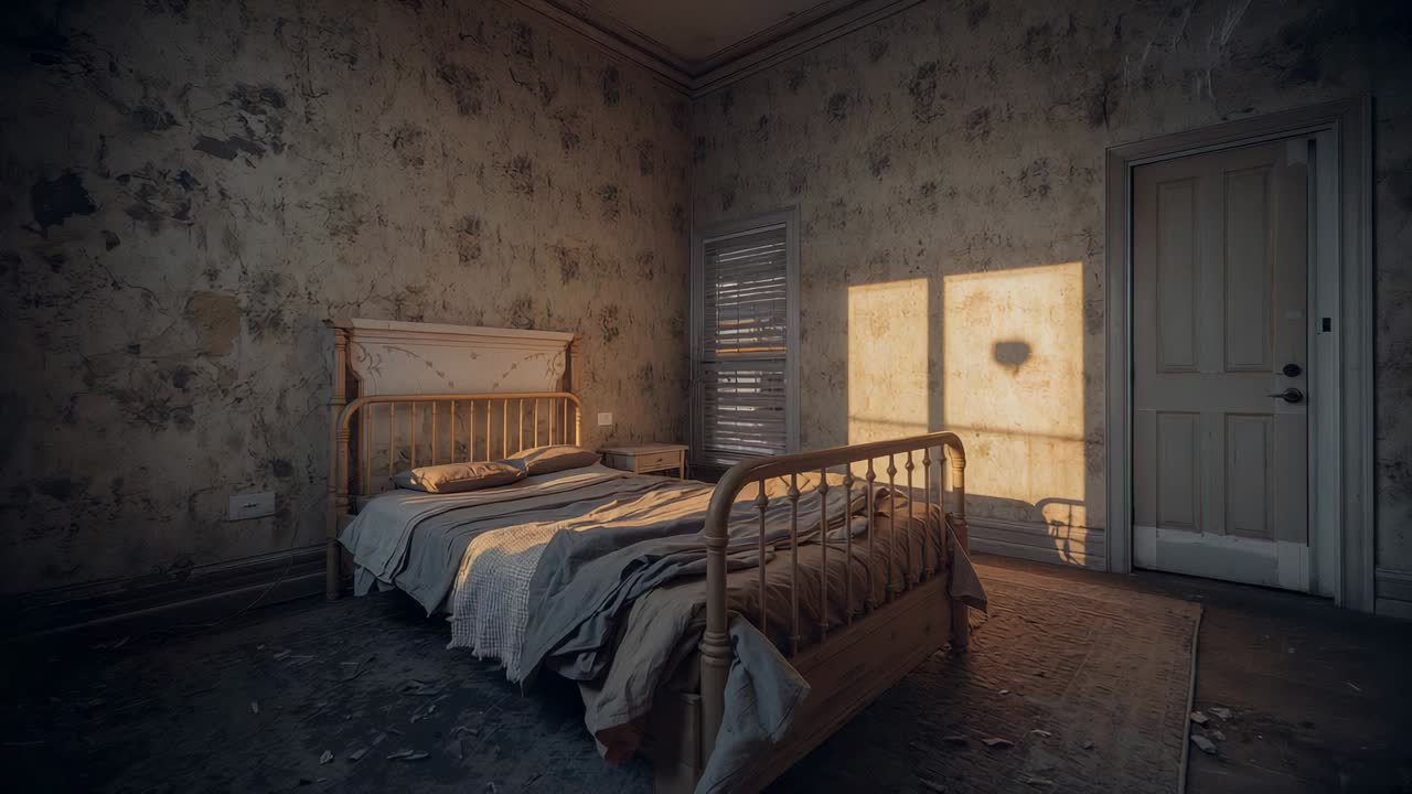 Casting from shuttered window beam moving across iron bed in bedroom marking time with heart shadow