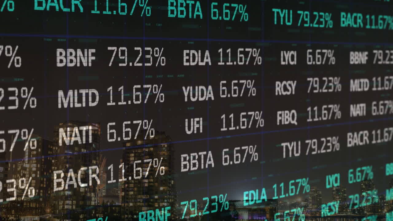 Animazione dell'elaborazione di dati finanziari su sfondo scuro