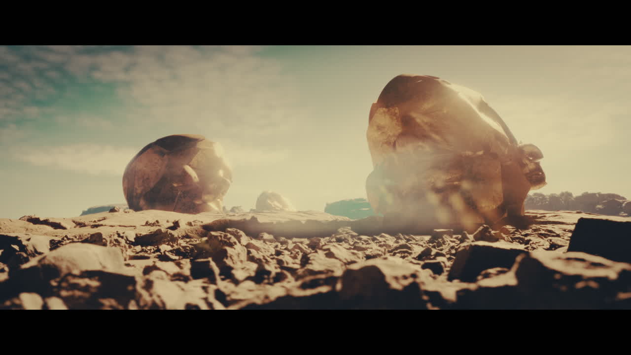 Huge golden statues in the desert during sunset