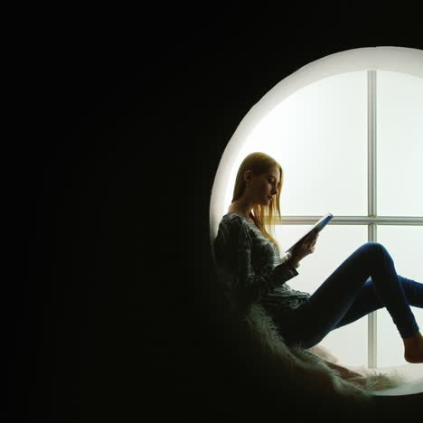mujer delgada lee revista en ventana redonda