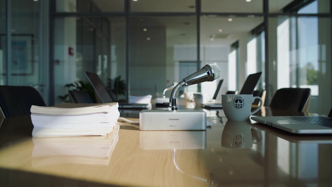 Câmera panorâmica avançando, focando em microfone gooseneck na mesa de conferência, revelando o logotipo