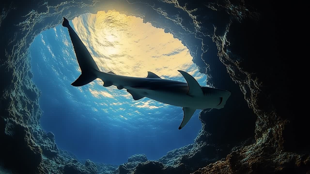 Shark swimming in a vibrant ocean cave. A shark glides gracefully through a stunning underwater cave, illuminated by sunlight filtering through the water.