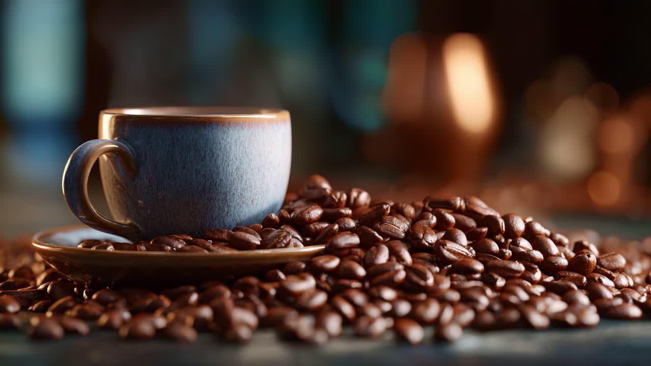 Æstetisk kaffescene: En flot blå kop omgivet af friskristede kaffebønner, der indfanger essensen af varme og komfort i en hyggelig atmosfære.