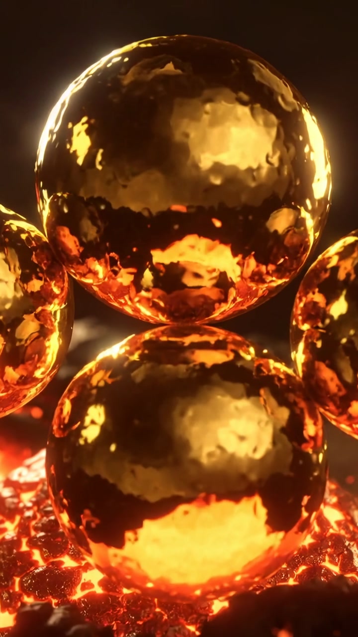 Vertical video: Pulsing lava lifting small spheres into stack under big gold sphere for balance